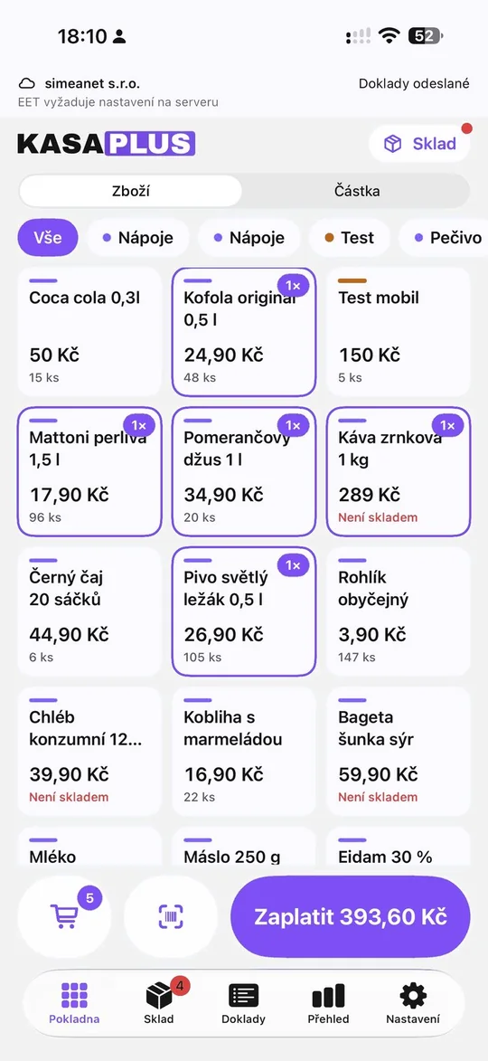 Aplikace KASA+ v telefonu: pokladna se zbožím na dlaždicích