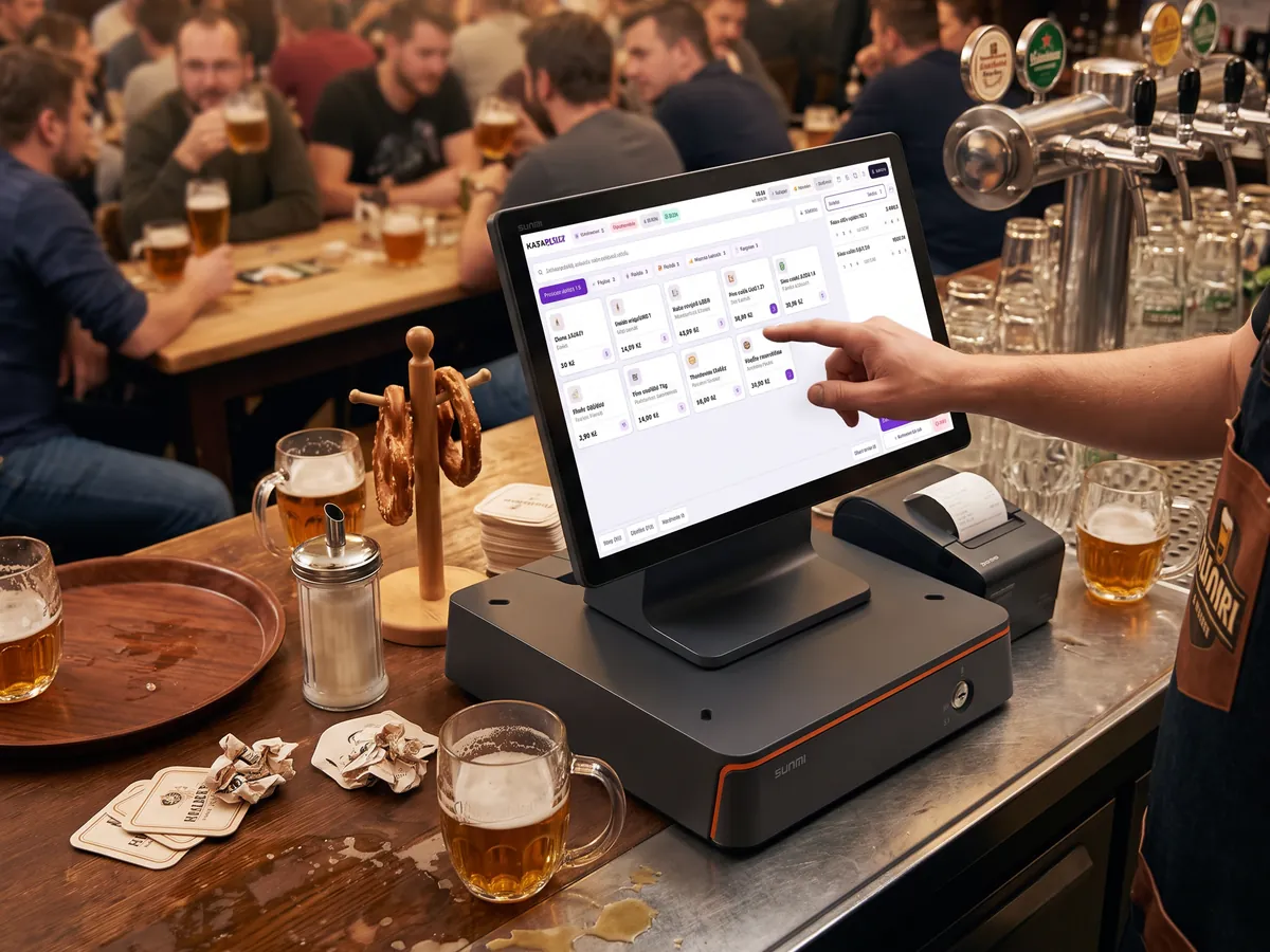 Pokladna KASA PLUS s jedním monitorem na baru v hospodě