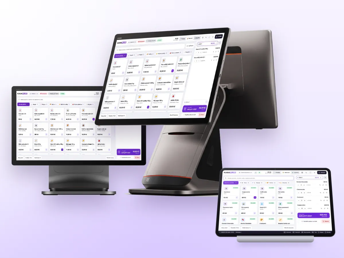 Pokladny KASA PLUS se dvěma monitory, s jedním monitorem a na tabletu