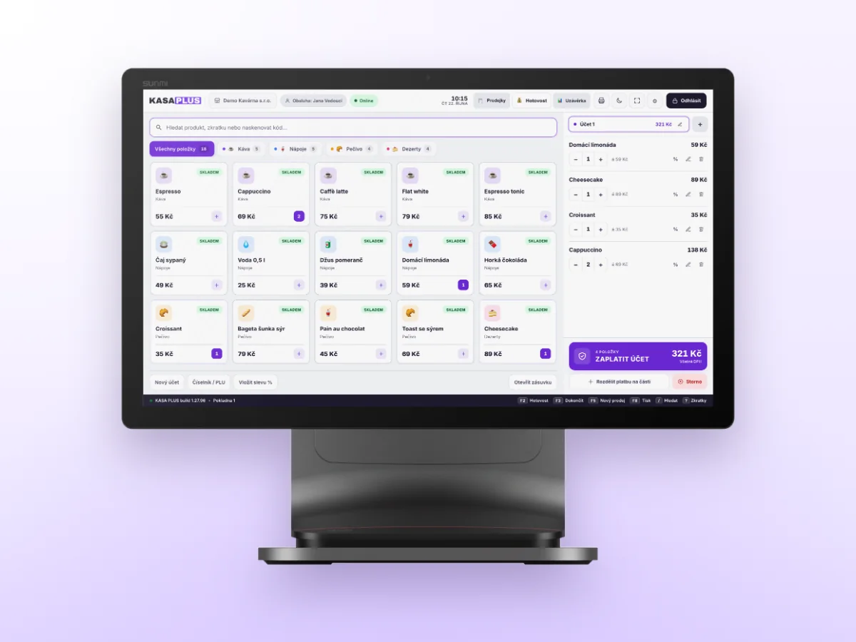 Android pokladna s jedním dotykovým monitorem a online pokladnou KASA PLUS