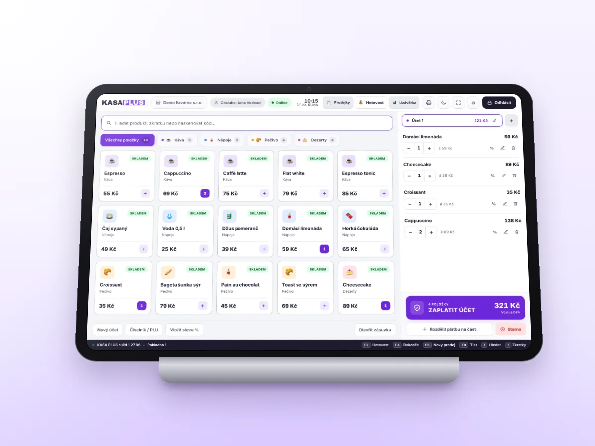 Pokladna KASA PLUS na tabletu se stojánkem: zboží na dlaždicích a otevřený účet