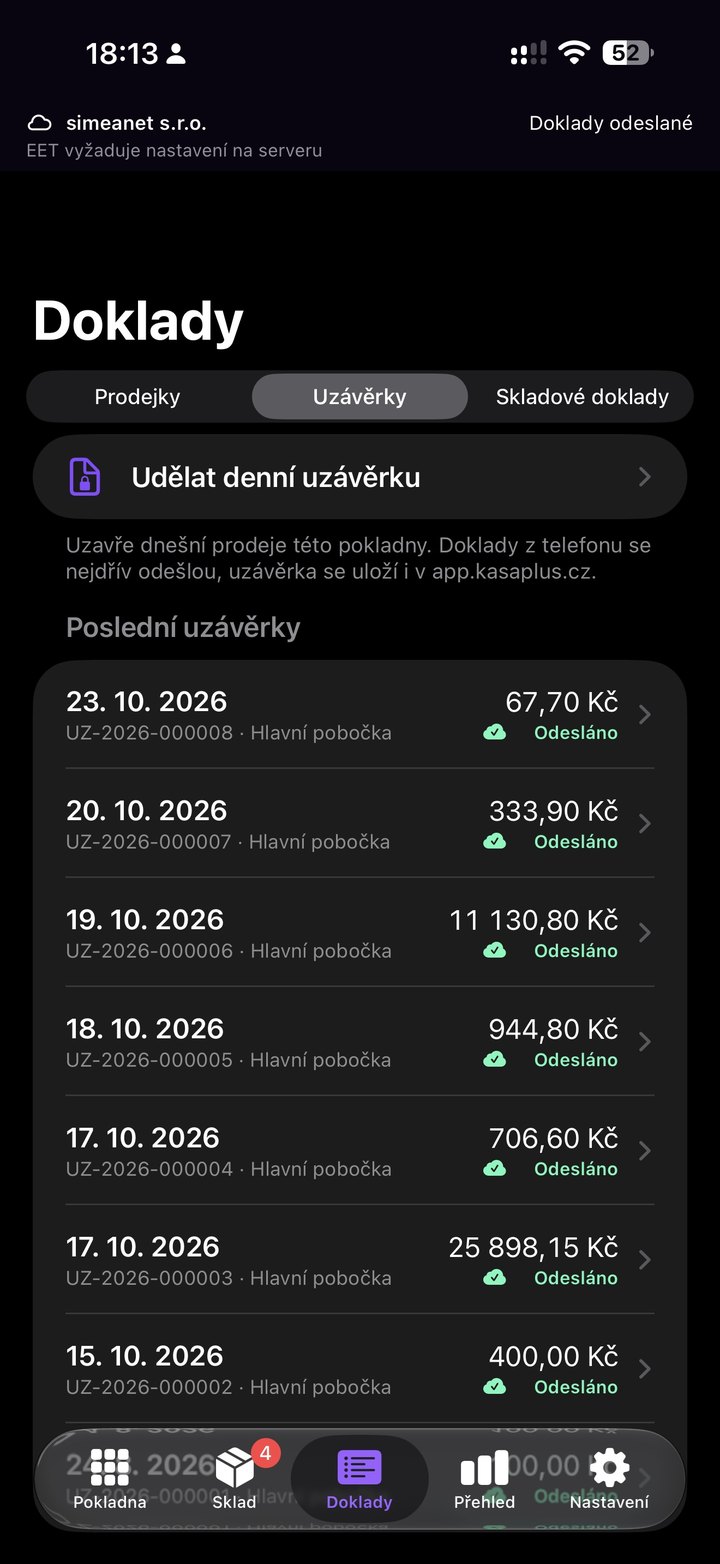 Obrazovka aplikace: Uzávěrky v záložce Doklady
