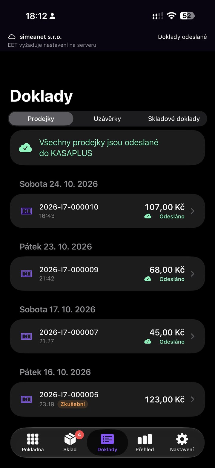 Obrazovka aplikace: Doklady: prodejky, uzávěrky a skladové doklady
