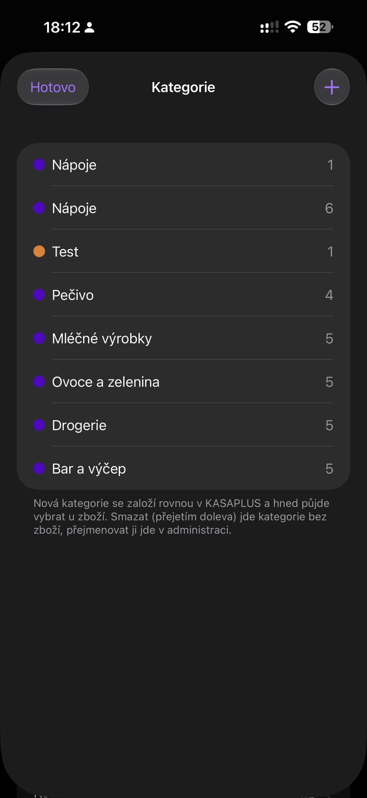 Obrazovka aplikace: Kategorie zboží z telefonu