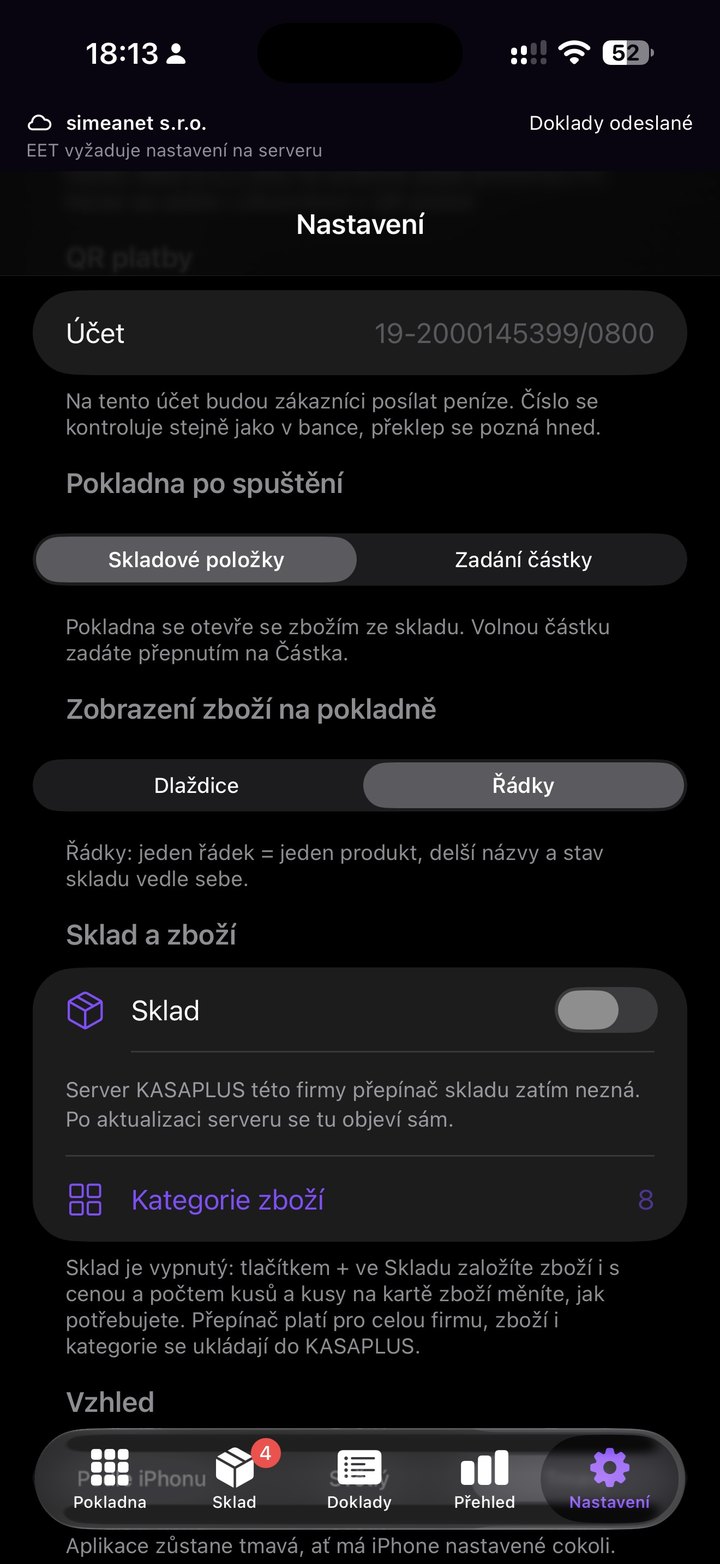 Obrazovka aplikace: Nastavení: QR platby, pokladna a sklad