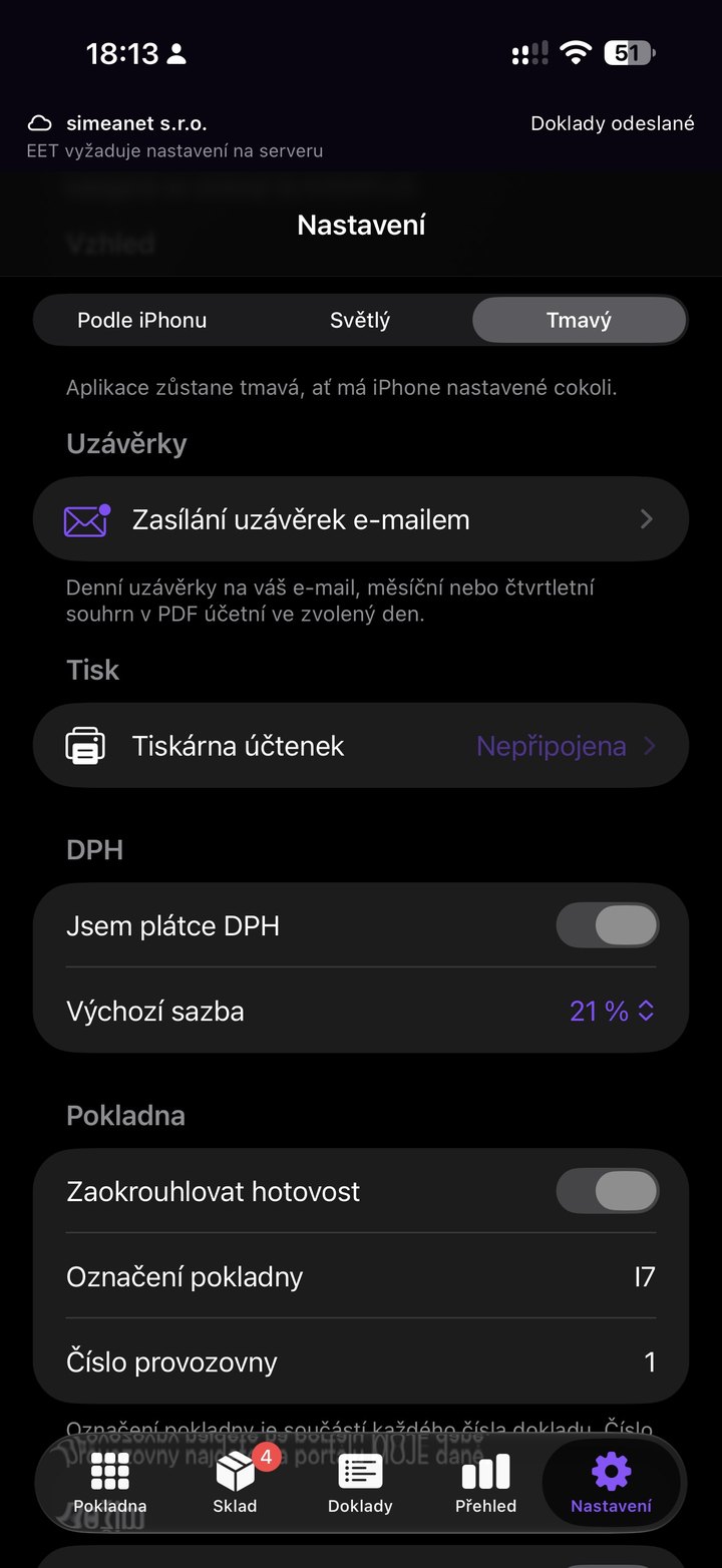 Obrazovka aplikace: Nastavení: vzhled, uzávěrky, tisk a DPH