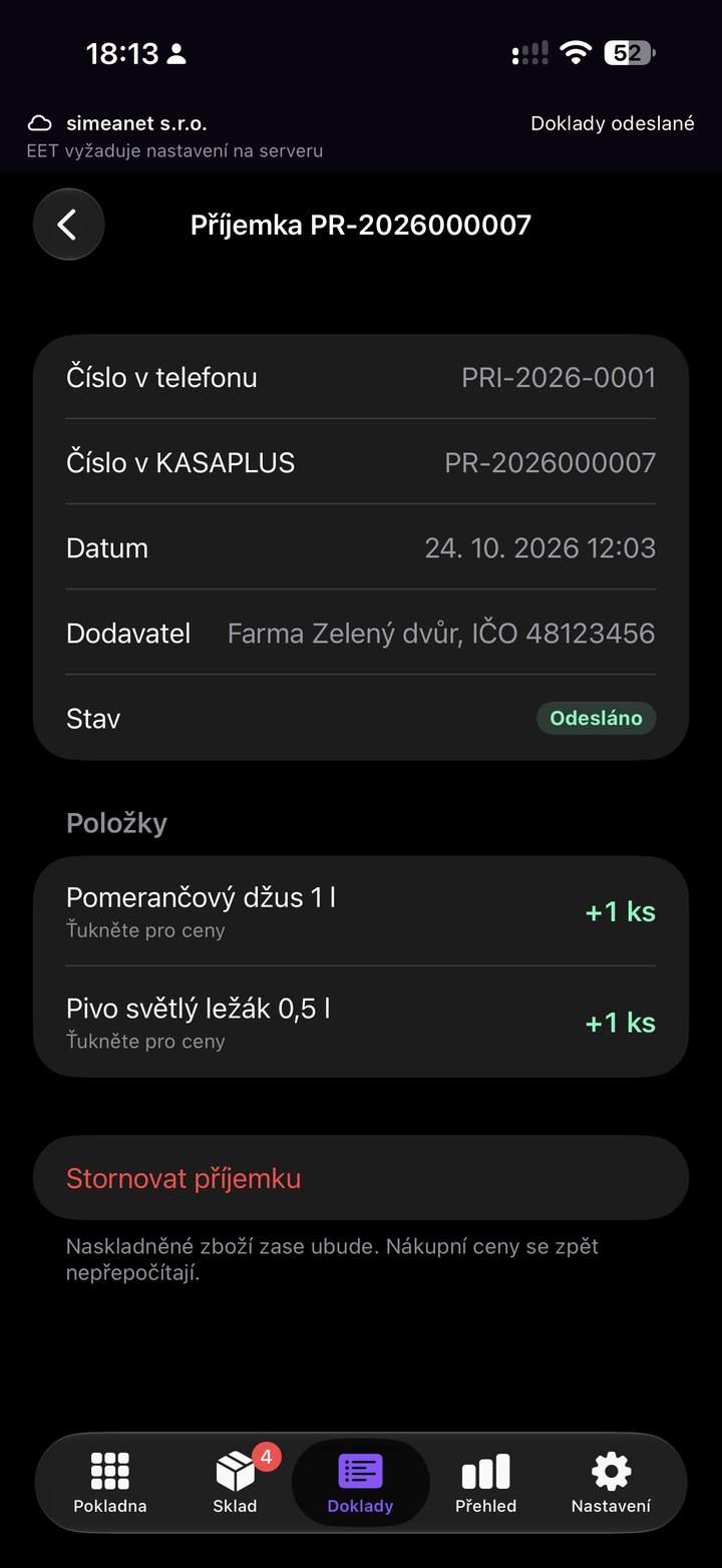 Obrazovka aplikace: Detail příjemky a storno