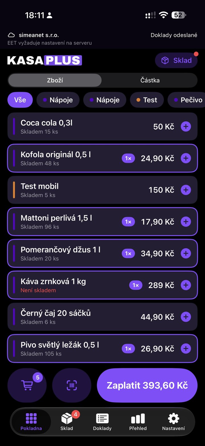 Obrazovka aplikace: Pokladna v řádcích