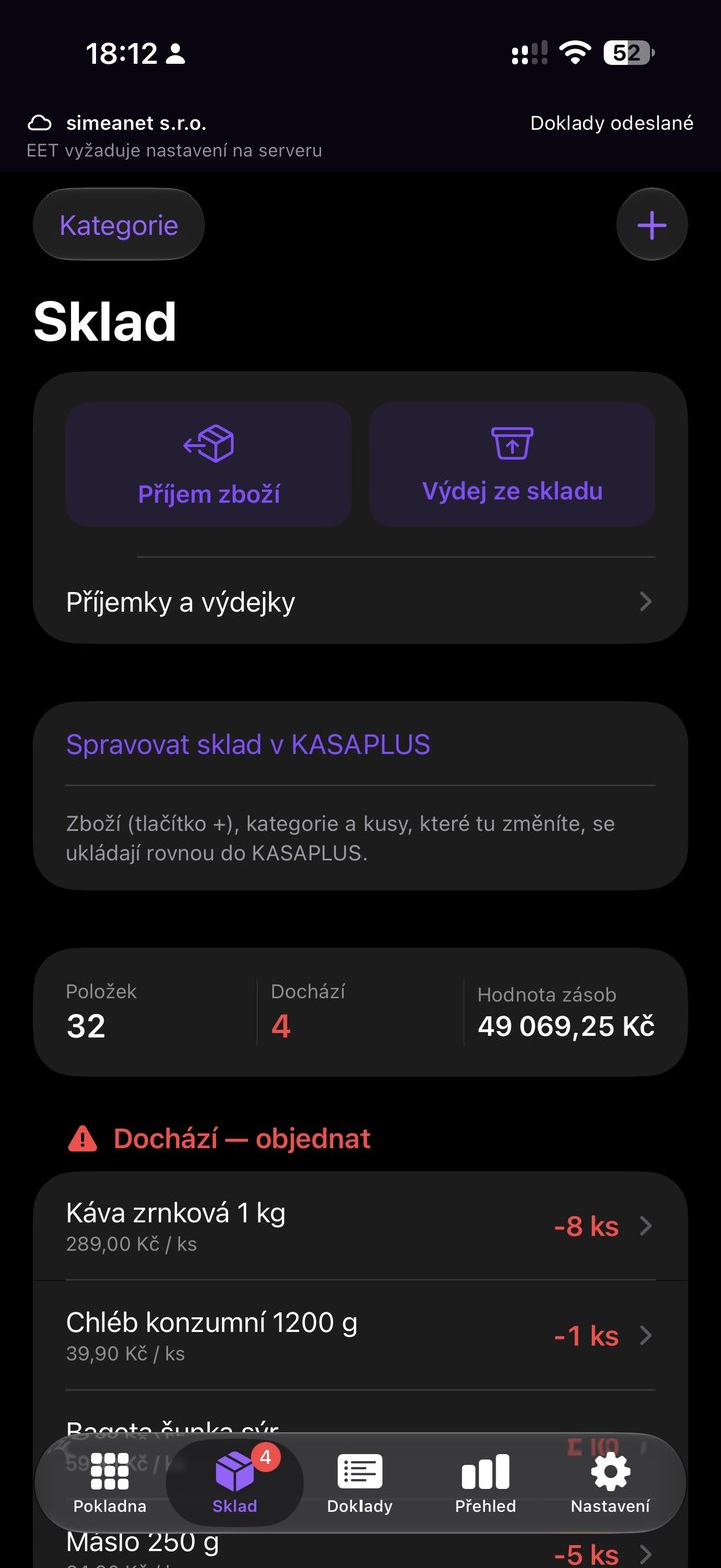 Obrazovka aplikace: Sklad: příjem, výdej a co dochází