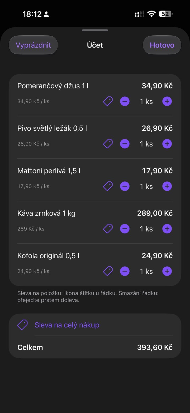 Obrazovka aplikace: Účet: kontrola, slevy a úpravy před platbou