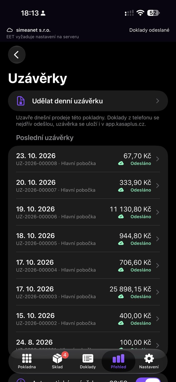 Obrazovka aplikace: Denní uzávěrky z telefonu