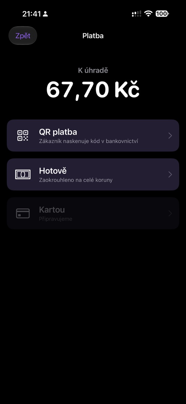 Obrazovka aplikace: Platba: jak zákazník zaplatí