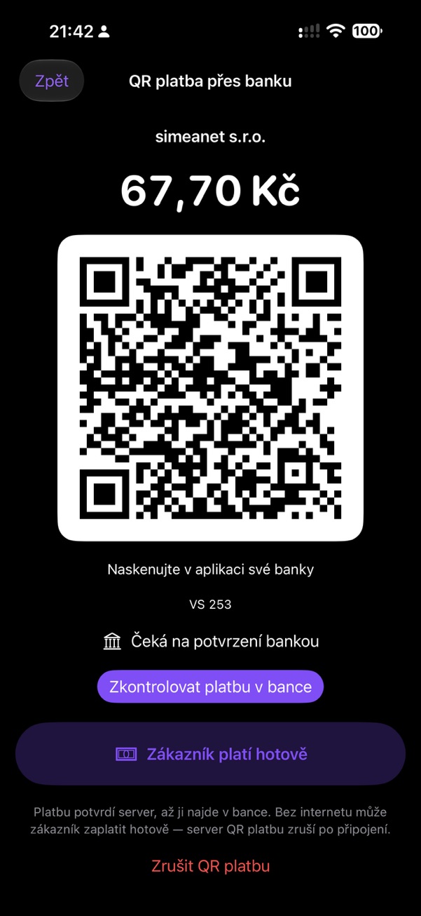 Obrazovka aplikace: QR platba, kterou potvrdí banka