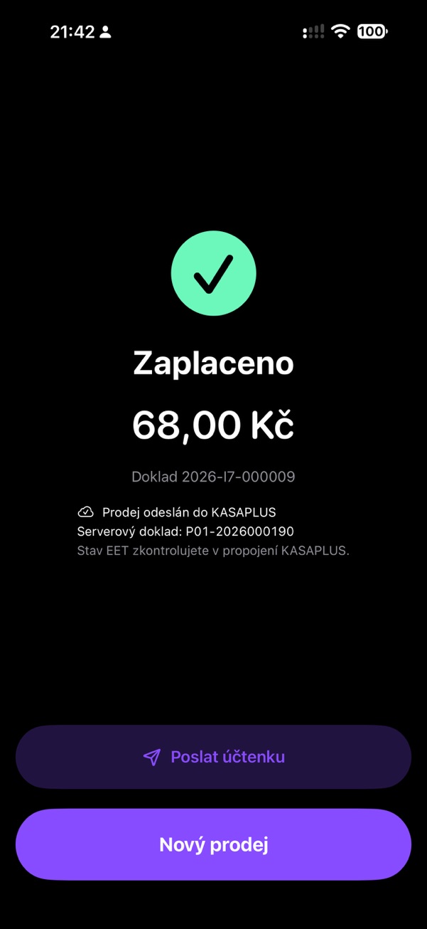 Obrazovka aplikace: Zaplaceno: doklad je vydaný a odeslaný