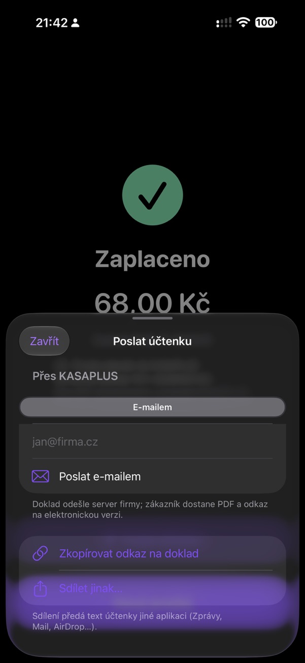 Obrazovka aplikace: Účtenka e-mailem nebo odkazem