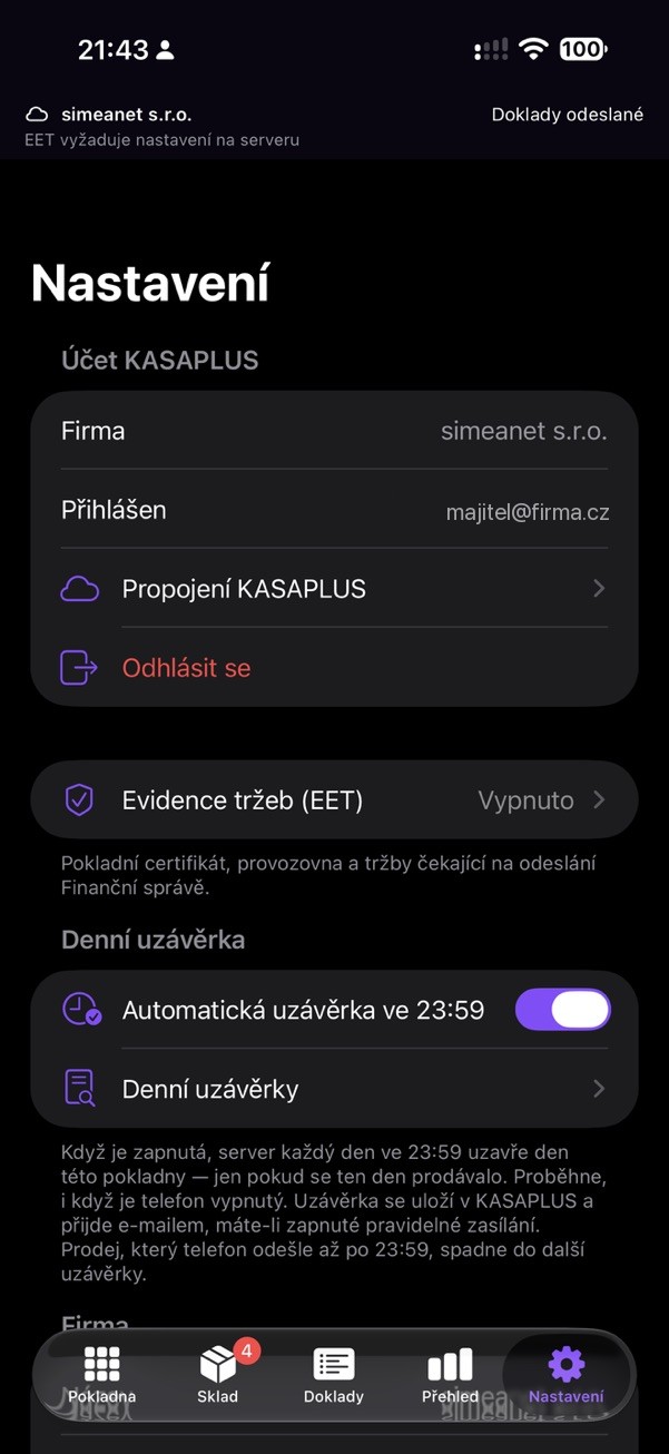 Obrazovka aplikace: Nastavení: účet, EET, uzávěrky a pokladna