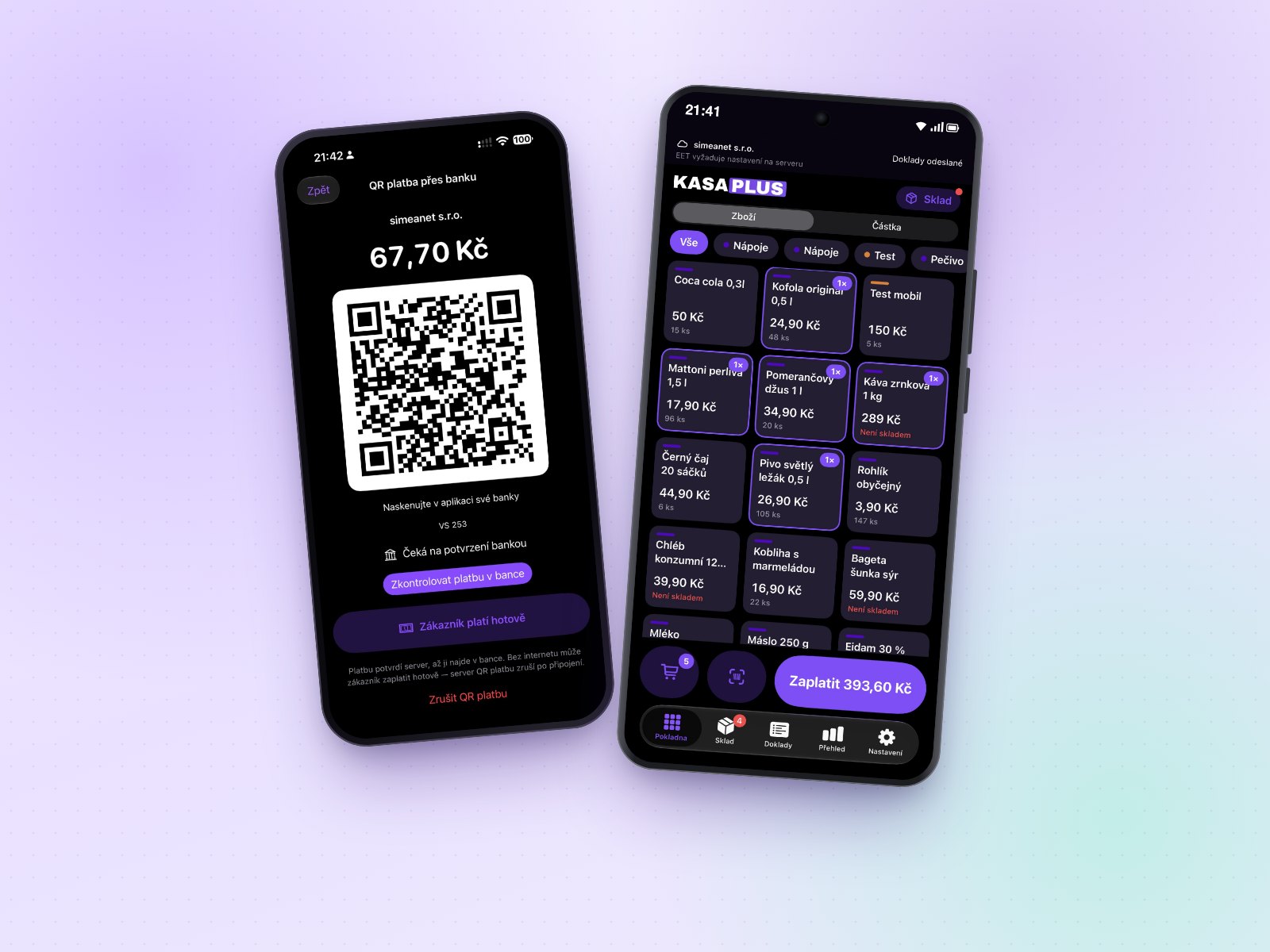 Aplikace KASA+ na iPhonu s QR platbou a na telefonu Samsung Galaxy s Androidem s pokladnou