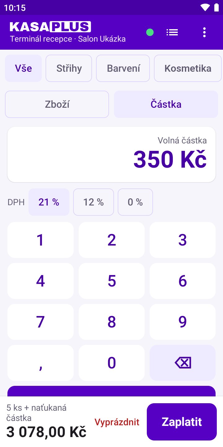 Obrazovka aplikace: Částka: prodej bez ceníku