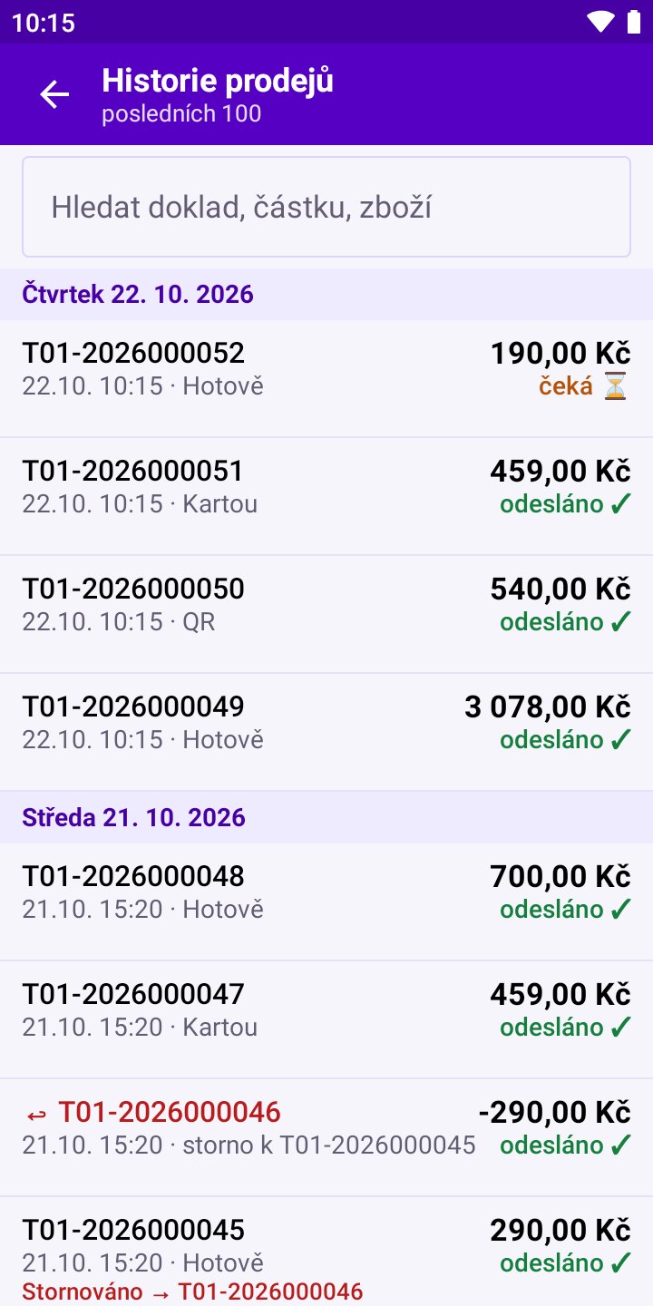 Obrazovka aplikace: Doklad čeká na odeslání