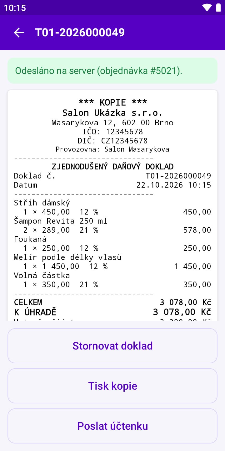 Obrazovka aplikace: Detail dokladu: kopie, účtenka a storno