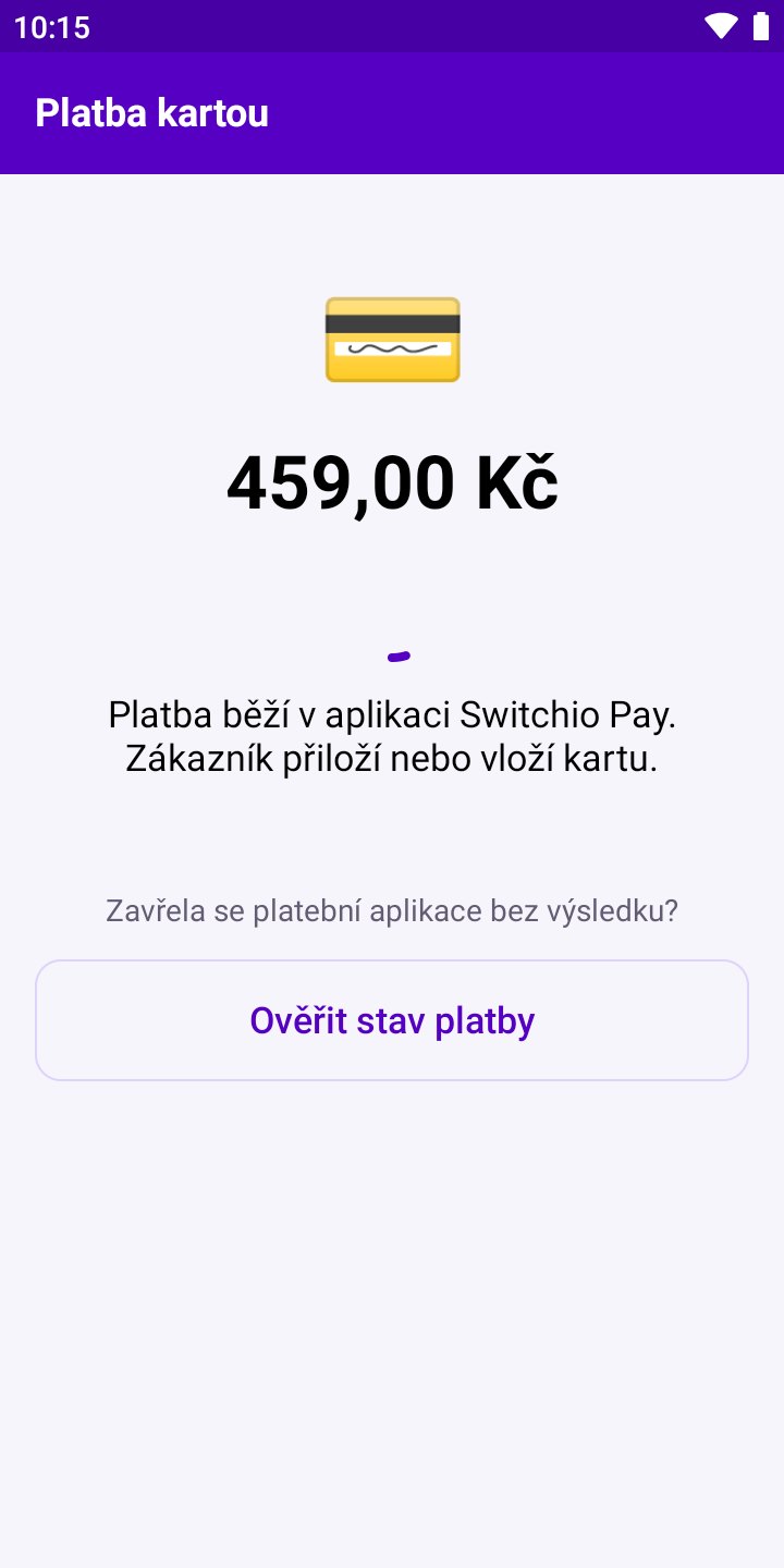 Obrazovka aplikace: Kartou: platba v aplikaci Switchio Pay