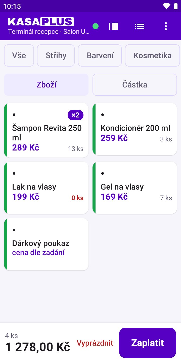 Obrazovka aplikace: Kategorie a zásoby skladem