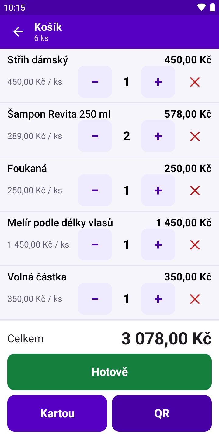 Obrazovka aplikace: Košík: kontrola a výběr platby
