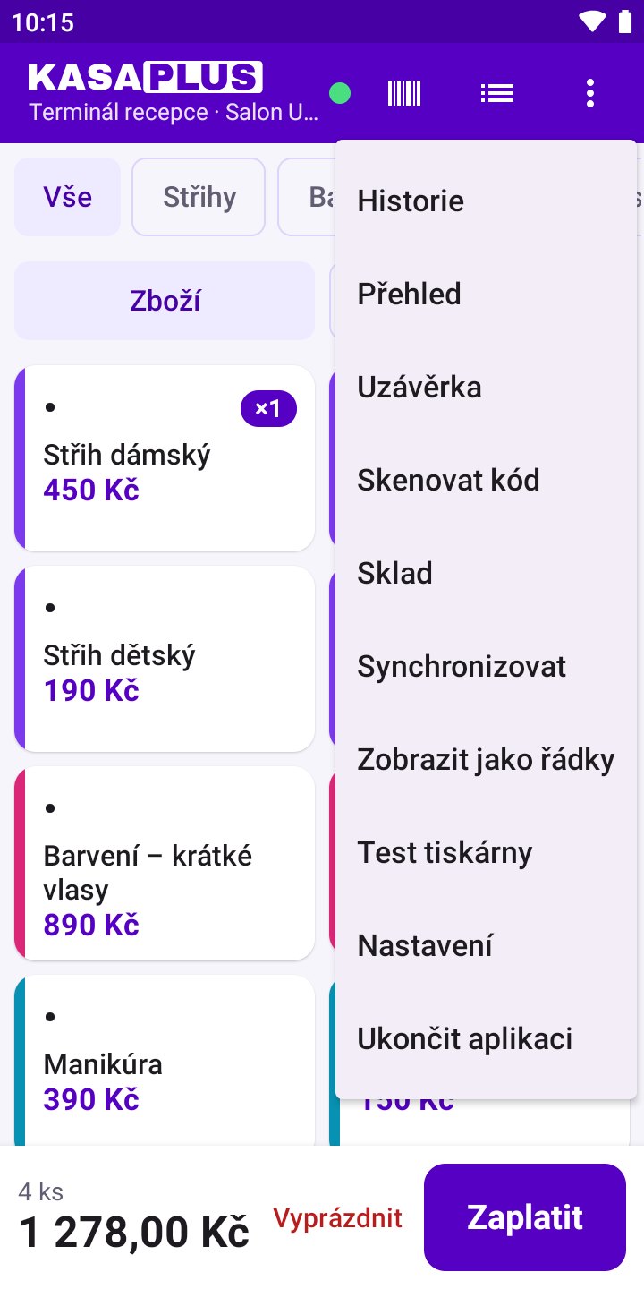 Obrazovka aplikace: Nabídka: všechno ostatní na jedno ťuknutí