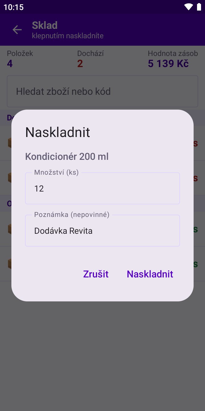 Obrazovka aplikace: Naskladnění přímo na terminálu