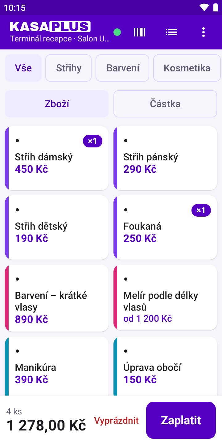 Obrazovka aplikace: Pokladna: služby a zboží na dlaždicích