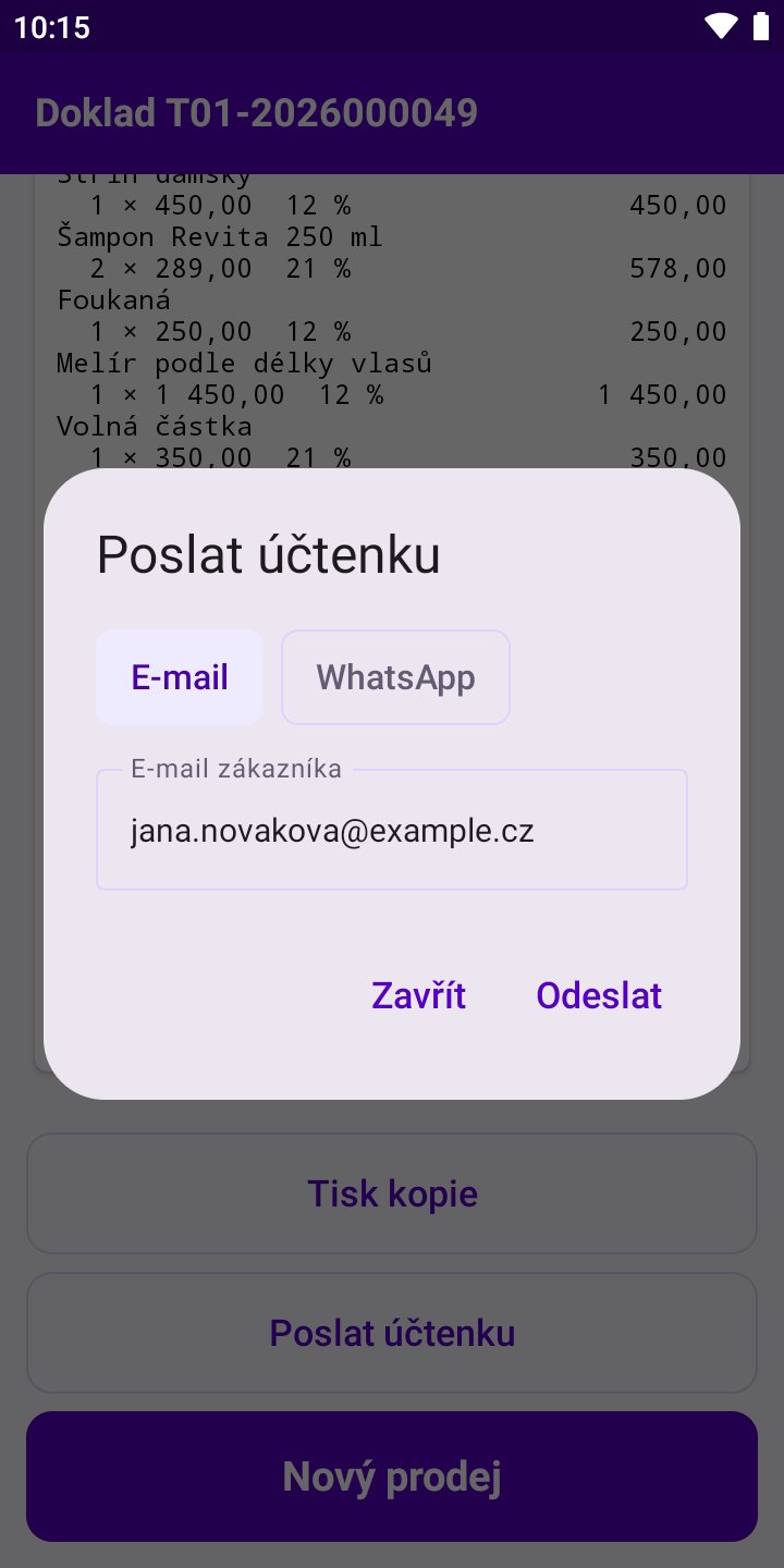 Obrazovka aplikace: Účtenka e-mailem nebo přes WhatsApp