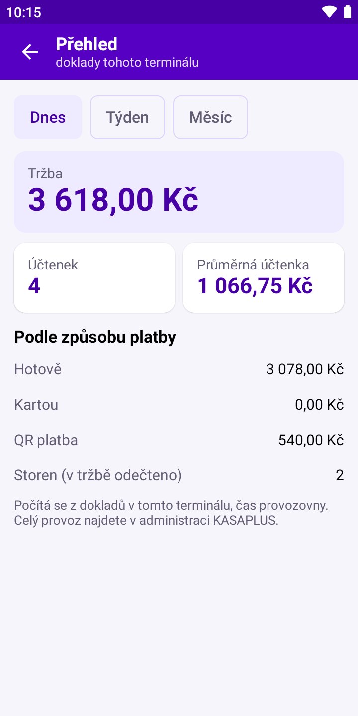 Obrazovka aplikace: Přehled tržeb terminálu