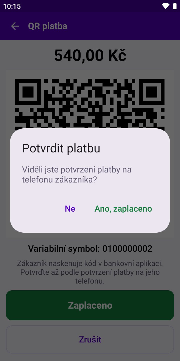 Obrazovka aplikace: Potvrzení QR platby obsluhou
