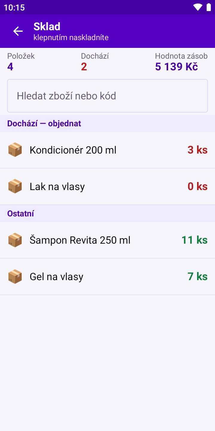Obrazovka aplikace: Sklad: co dochází a naskladnění