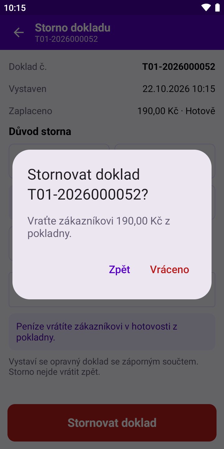 Obrazovka aplikace: Potvrzení storna v hotovosti