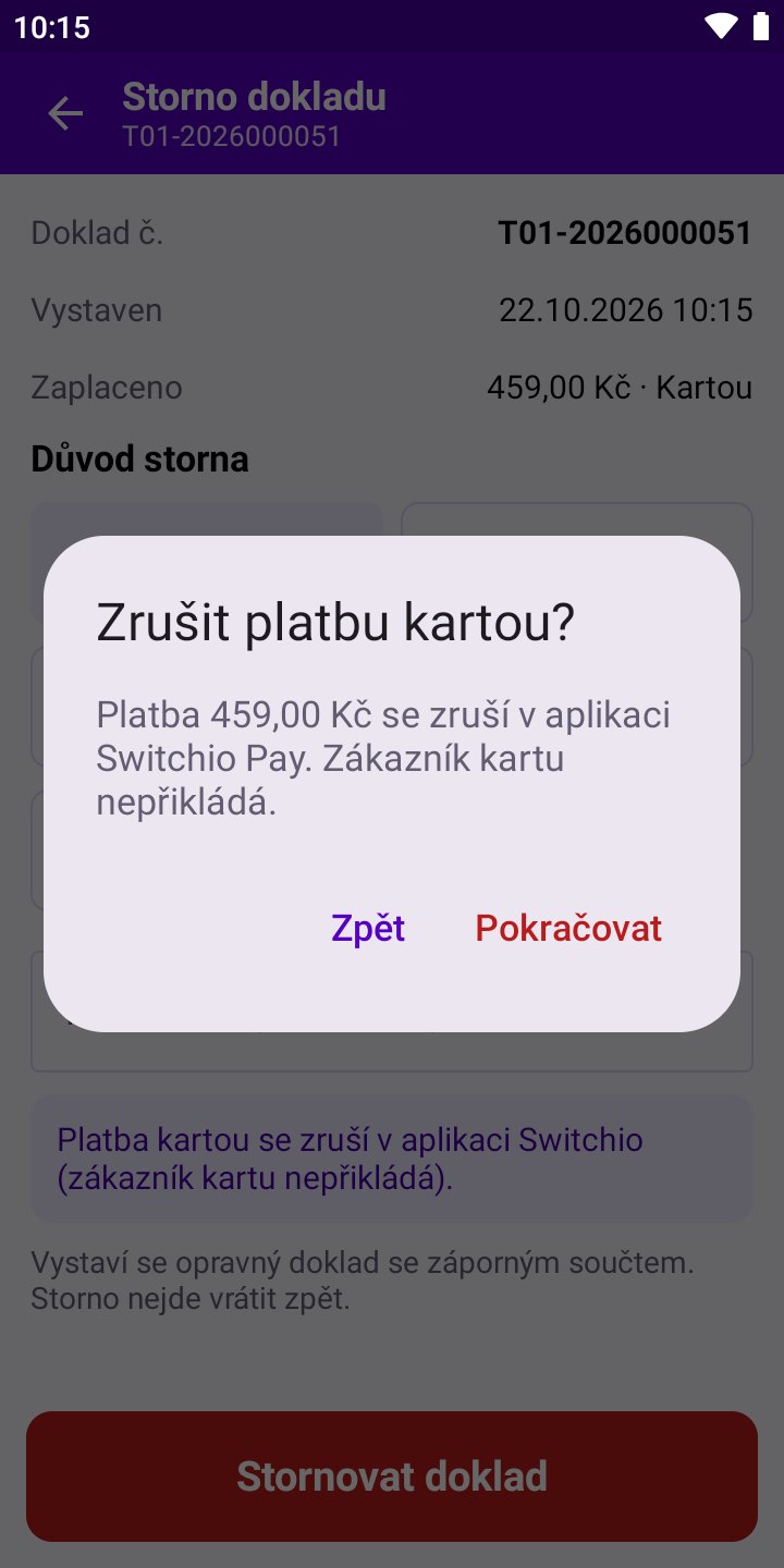 Obrazovka aplikace: Storno platby kartou bez přiložení karty