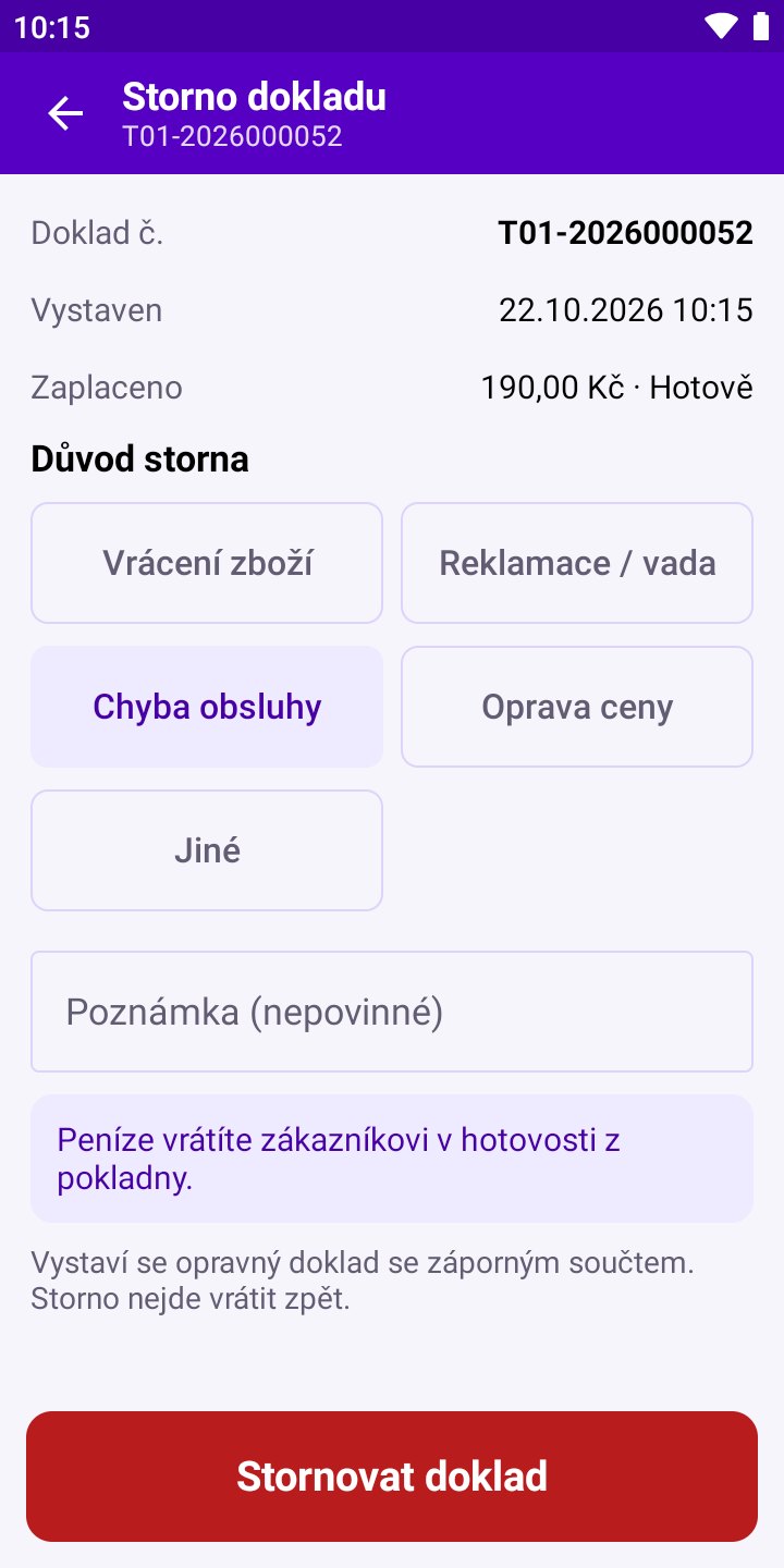 Obrazovka aplikace: Storno dokladu s důvodem