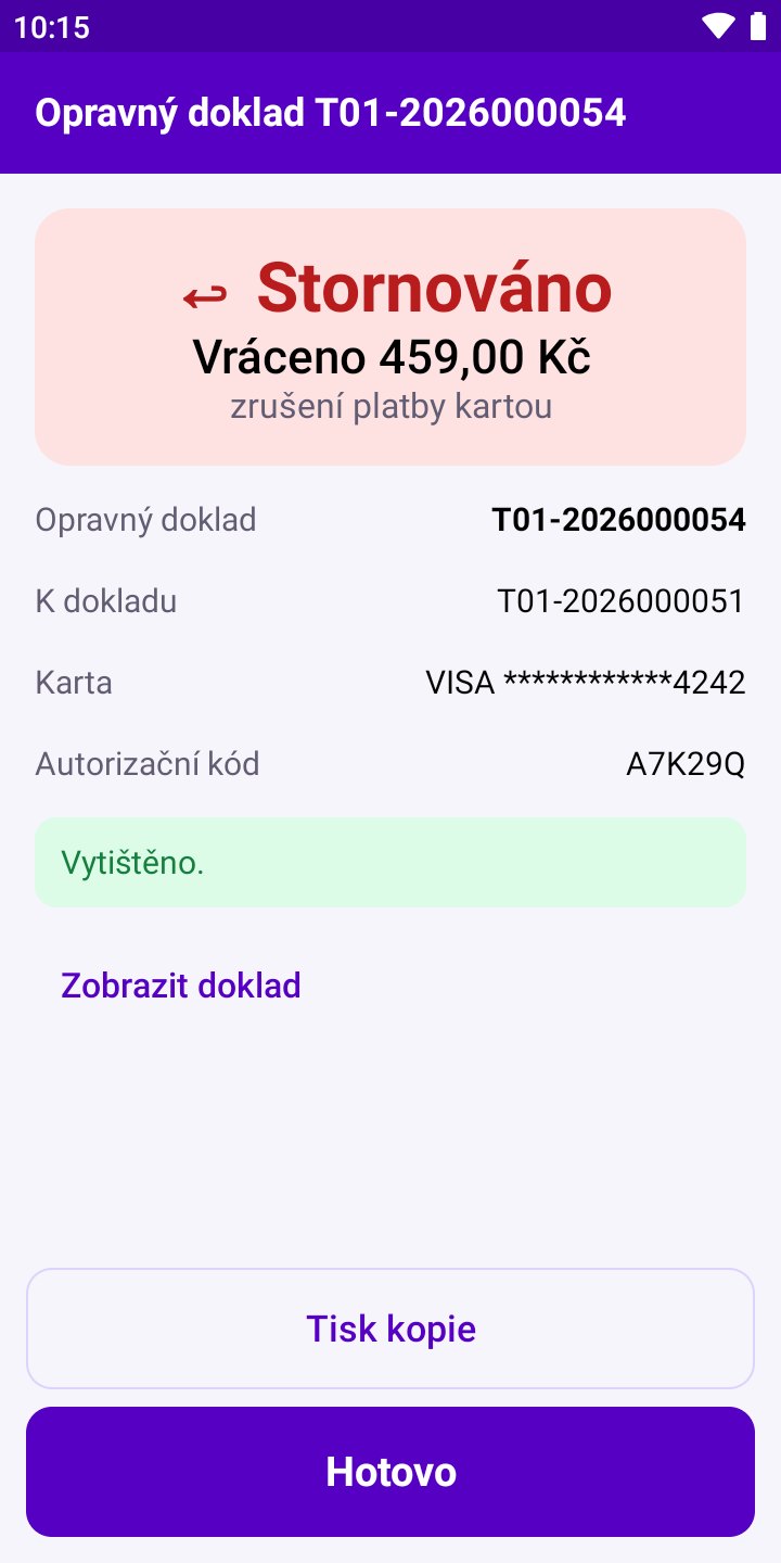 Obrazovka aplikace: Stornováno: platba kartou zrušená