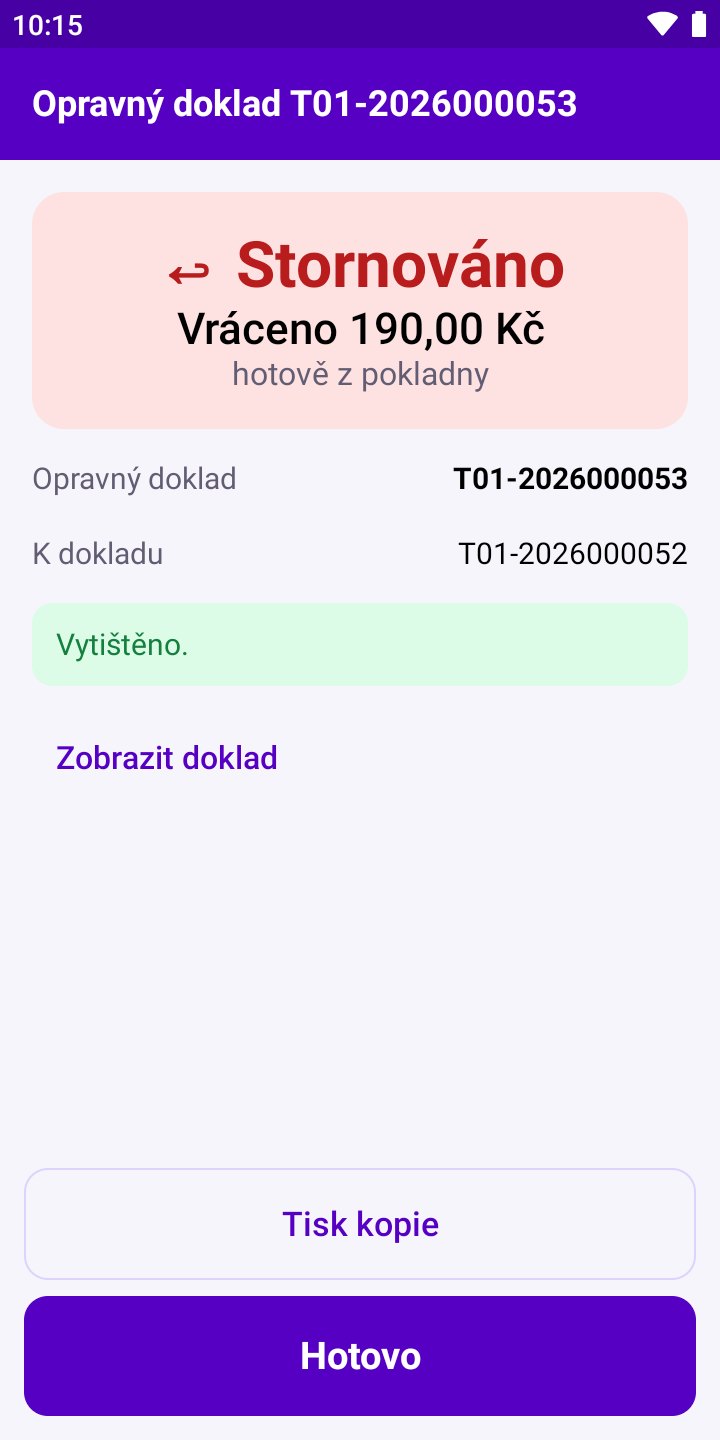 Obrazovka aplikace: Stornováno: opravný doklad