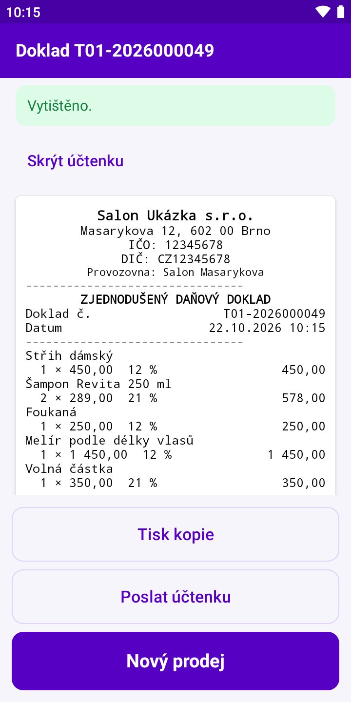 Obrazovka aplikace: Náhled účtenky na displeji