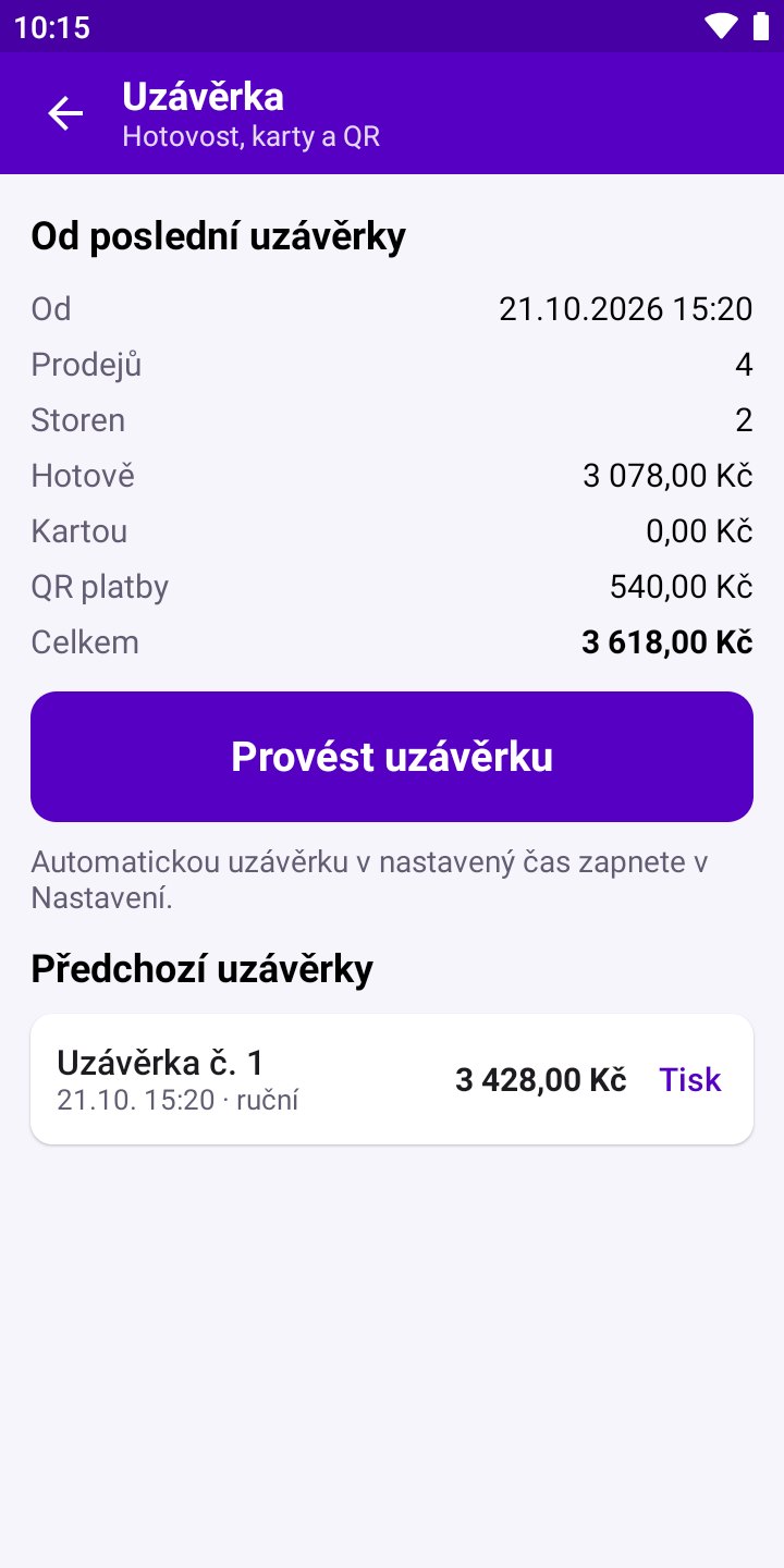 Obrazovka aplikace: Uzávěrka: hotovost, karty a QR najednou