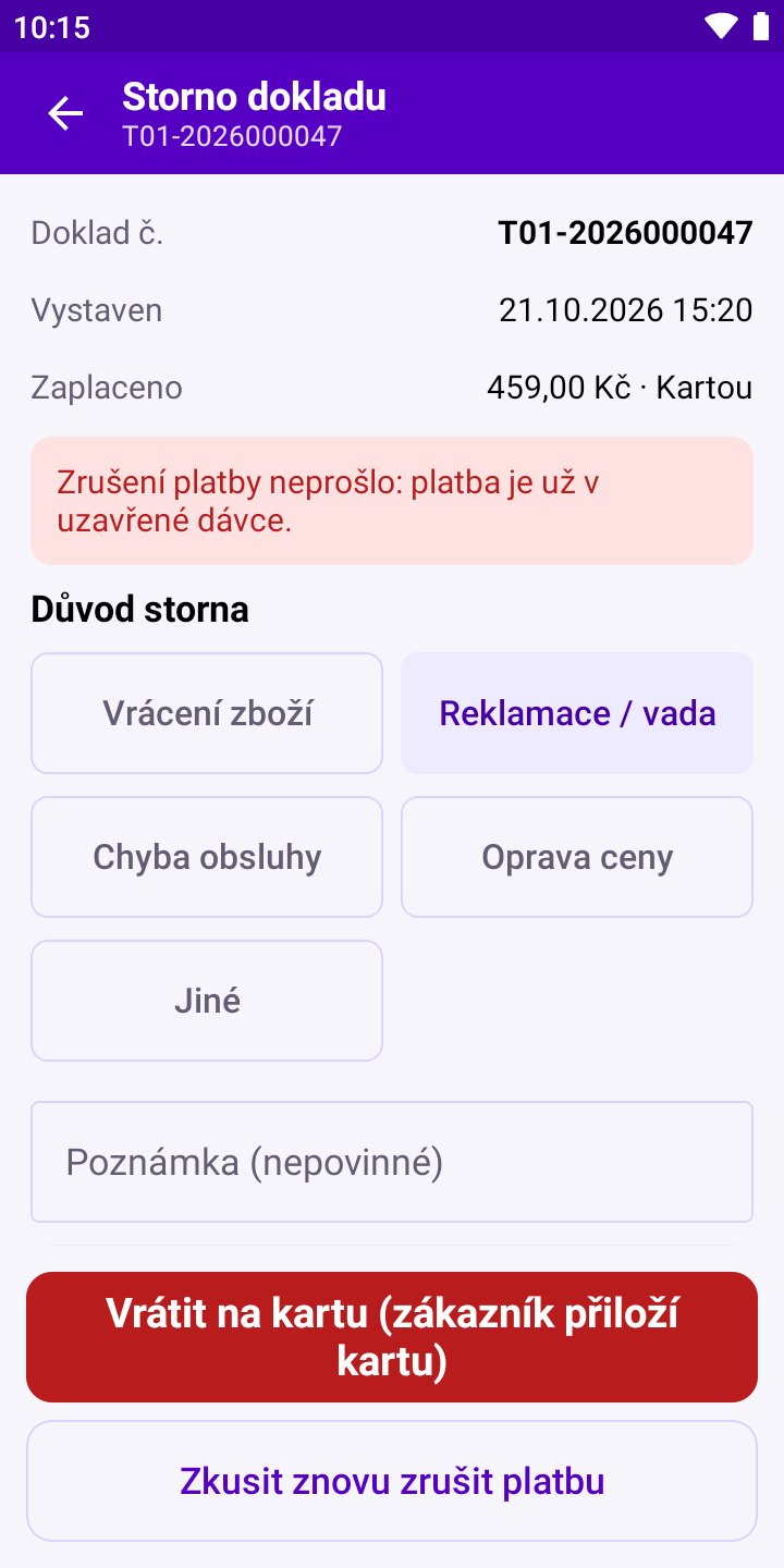 Obrazovka aplikace: Vratka na kartu po uzávěrce