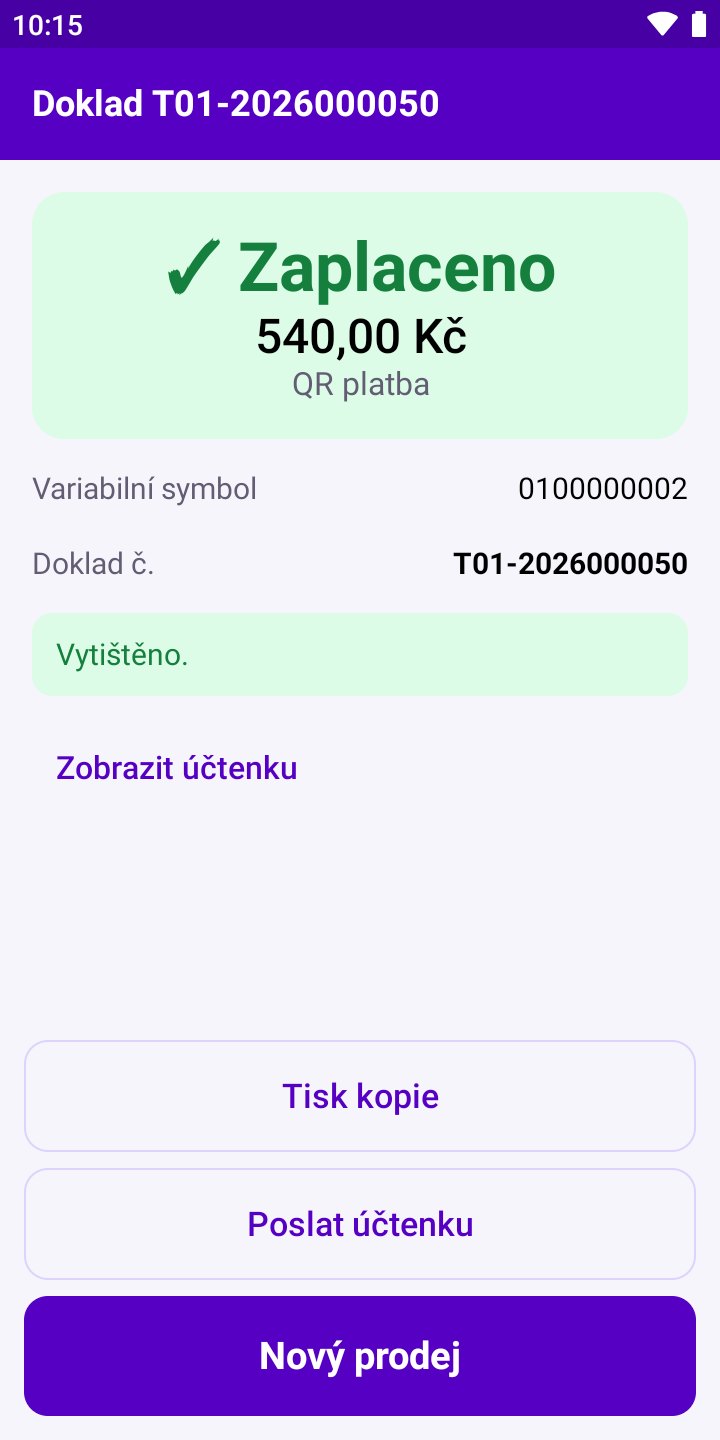 Obrazovka aplikace: Zaplaceno QR platbou