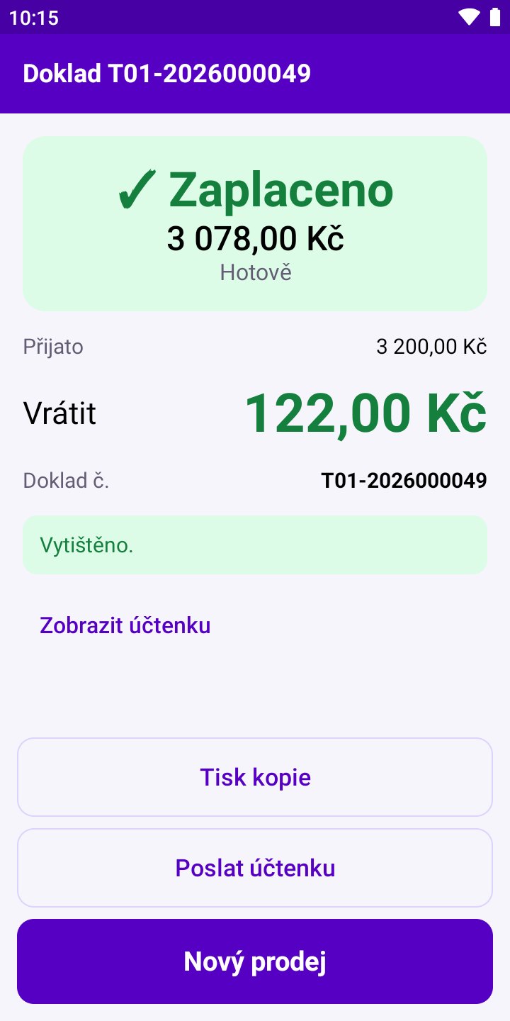 Obrazovka aplikace: Zaplaceno: doklad má číslo a účtenka vyjela