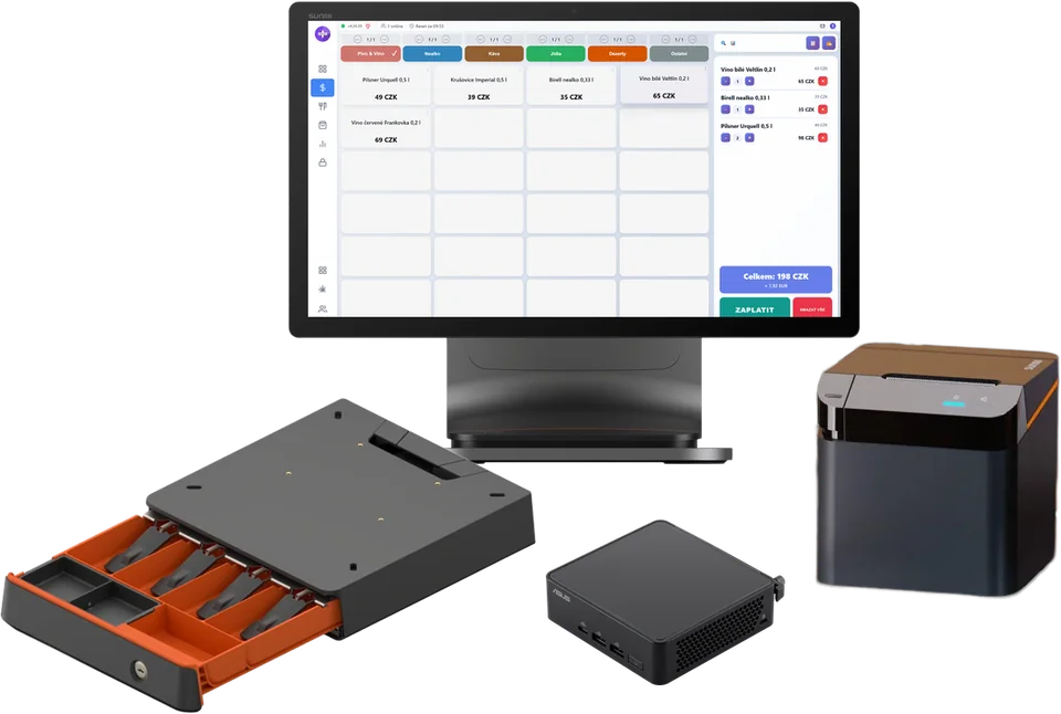 Dotykový monitor na stojanu, mini PC ASUS NUC, tiskárna účtenek Sunmi 80 mm a otevřená pokladní zásuvka Sunmi